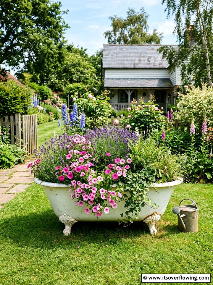 Clawfoot bathtub planter - 25 upcycled garden ideas with old tubs