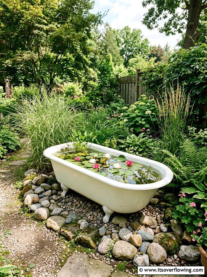 Clawfoot bathtub pond - 25 upcycled garden ideas on a budget