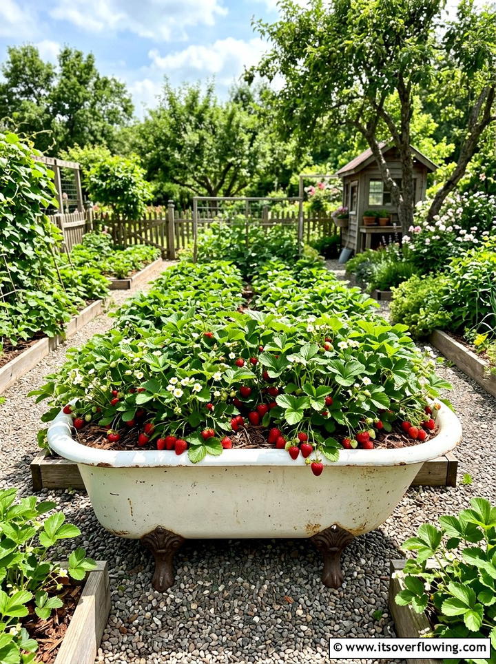 Clawfoot bathtub strawberry patch - 25 upcycled garden ideas with old tubs