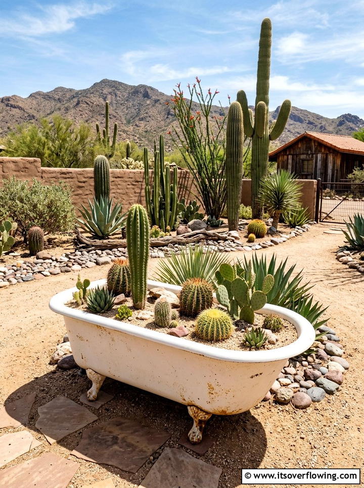 Clawfoot tub cactus garden - 25 upcycled garden ideas with old tubs