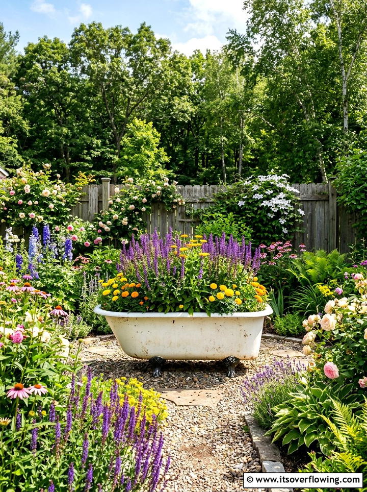 Clawfoot tub planter - 25 upcycled garden ideas with farmhouse style