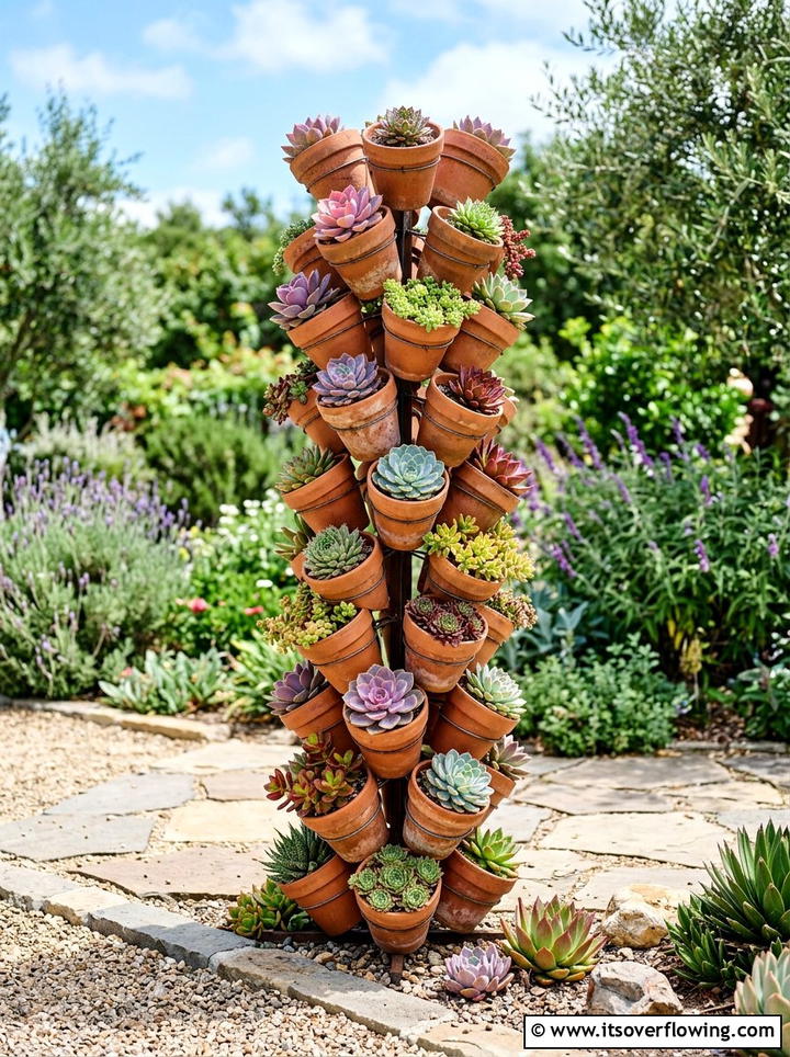 Clay Pot Vertical Tower - 25 cheap garden ideas with dollar store decor