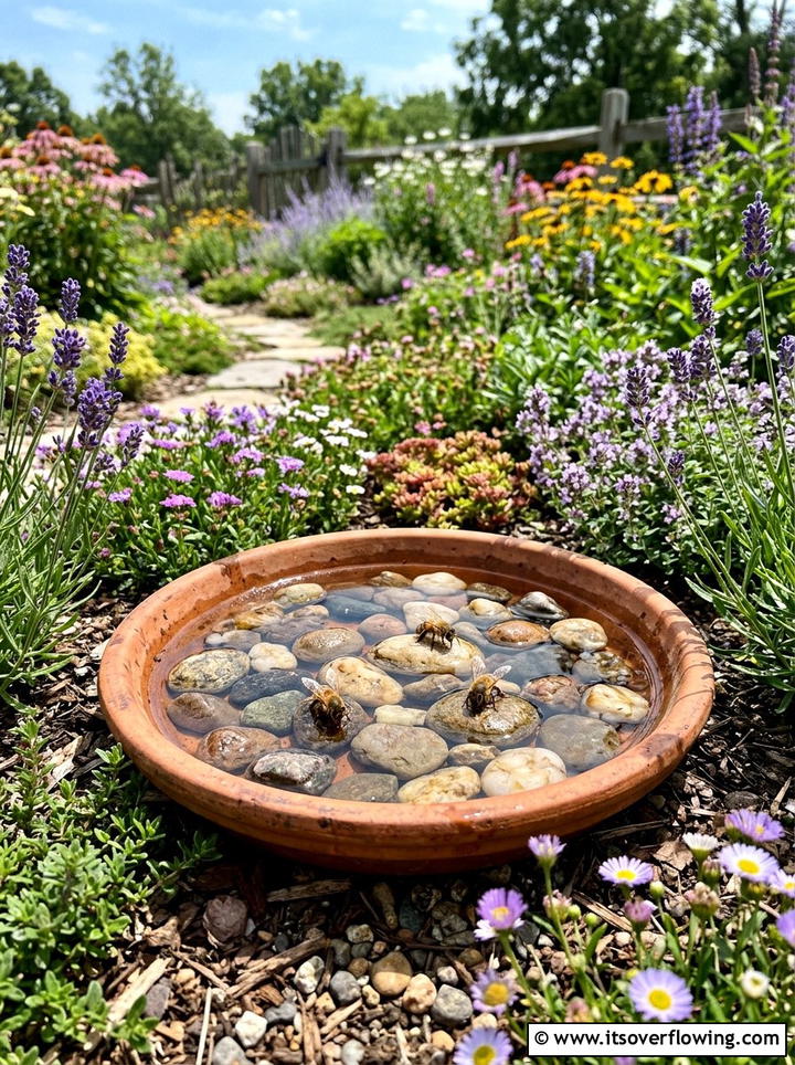 Clay Pot Water Station For Bees - 25 garden decor ideas for pollinator gardens