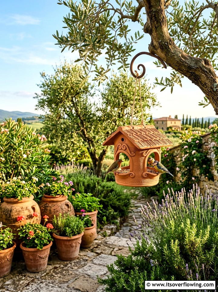 Clay bird feeder in Mediterranean garden - 25 garden ideas with bird feeders