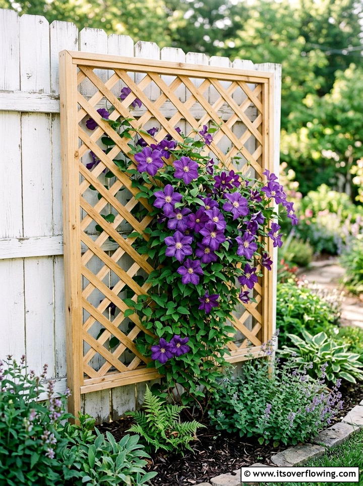 Clematis Climbing On Wooden Trellis - 25 small garden ideas with trellis