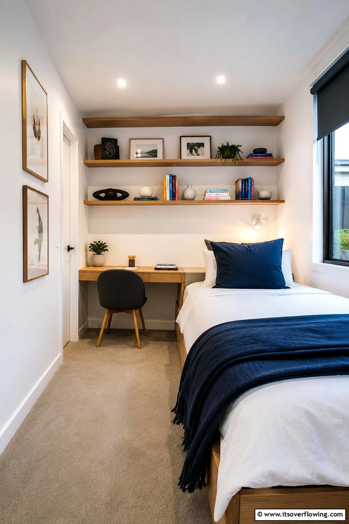 Clever Wall Mounted Shelves - 30 Space-Saving Small Guest Bedroom Ideas for Cozy Comfort