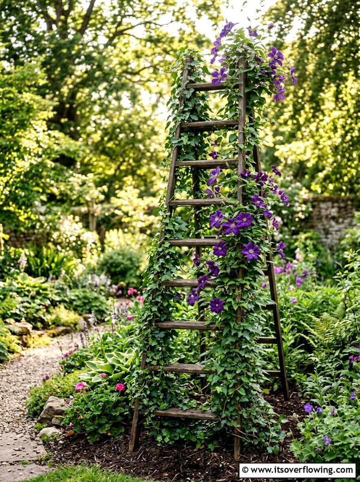 Climbing Plant Trellis - 25 upcycled garden ideas with old ladders