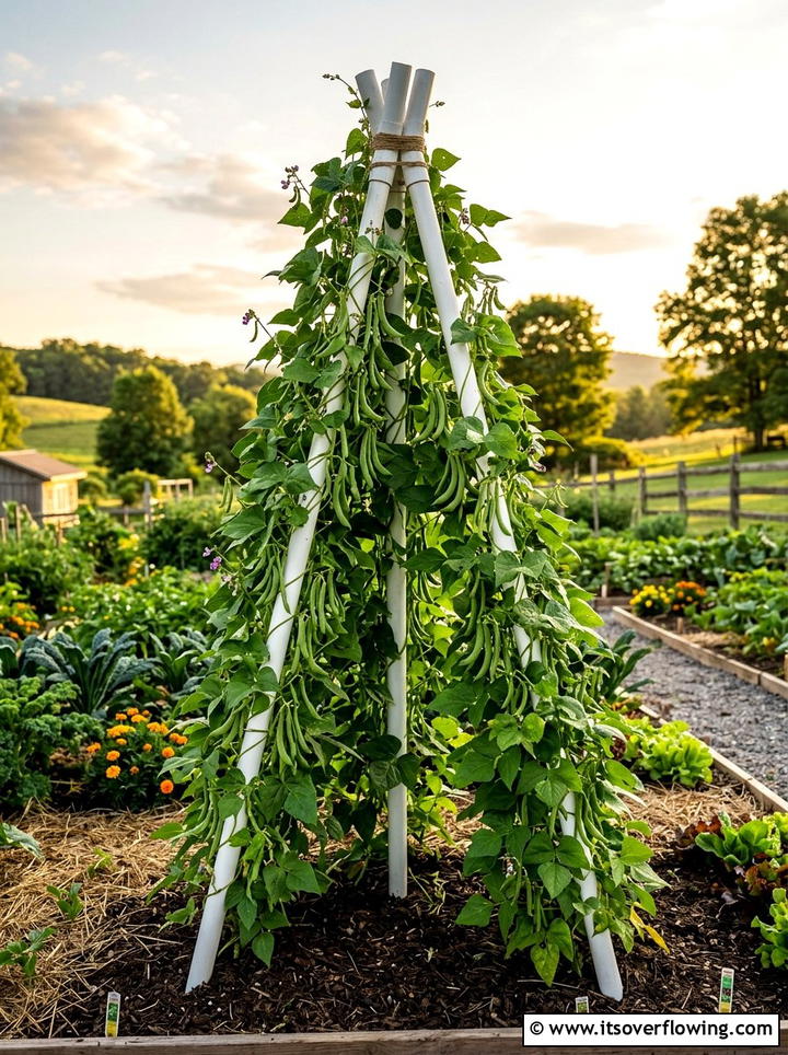 Climbing bean tower - 25 upcycled garden ideas with pvc pipes