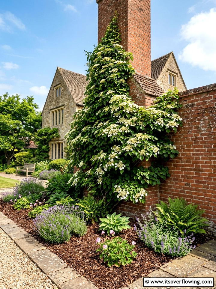 Climbing hydrangea on brick wall - 25 garden ideas with hydrangeas
