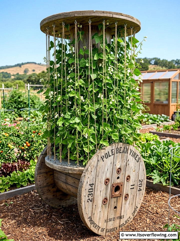 Climbing plant trellis - 25 recycled garden ideas with cable spools