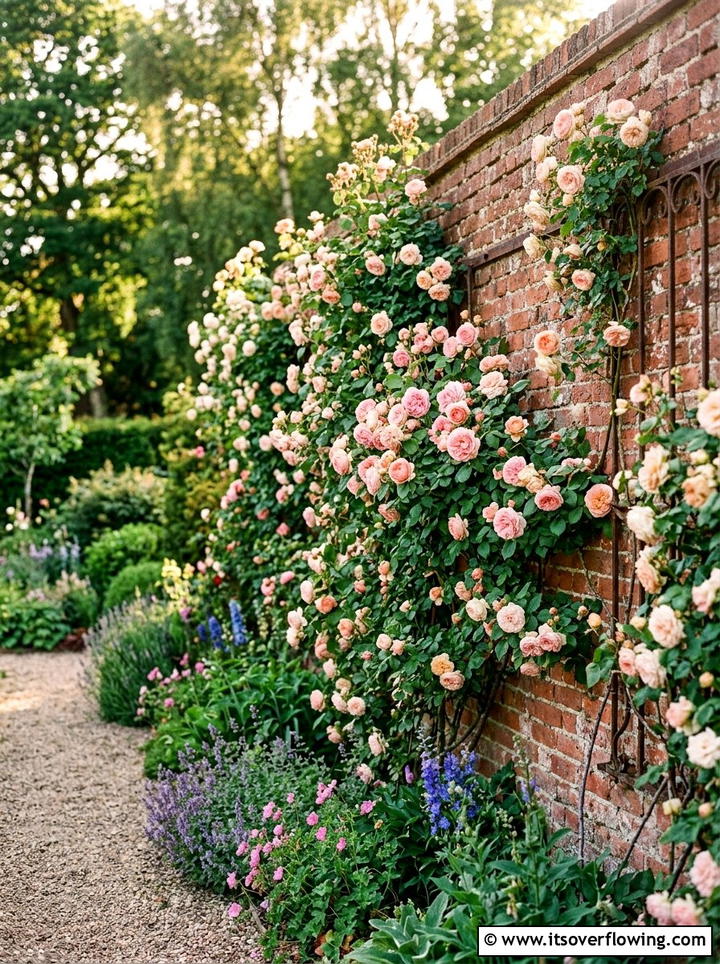 Climbing roses on brick wall - 25 garden ideas for english style