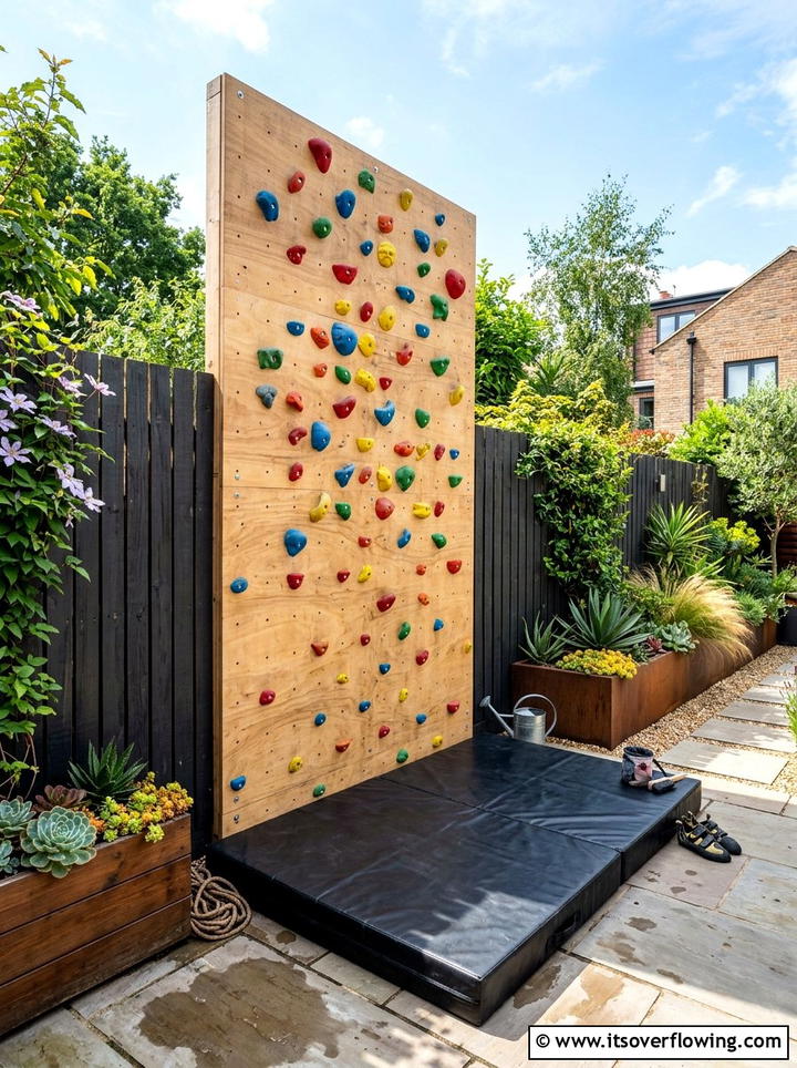Climbing wall on fence - 25 backyard ideas for kids