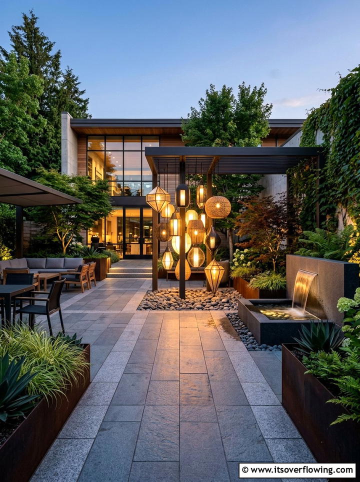 Cluster of varied height lanterns on pavers - 25 garden decor ideas with lanterns