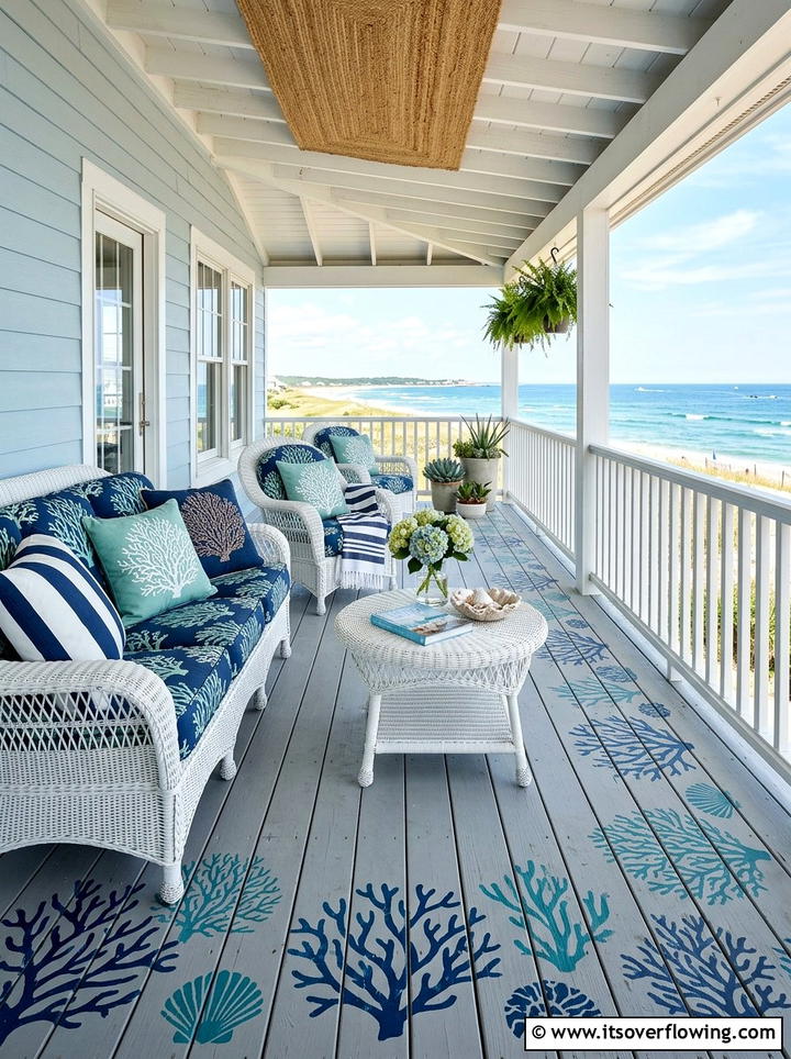 Coastal Blue Coral Print - 25 front porch ideas with stenciled floor