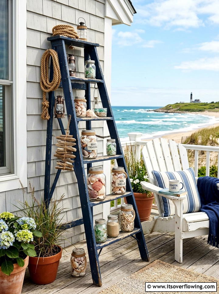 Coastal Blue Ladder Decor - 25 front porch ideas with repurposed ladders