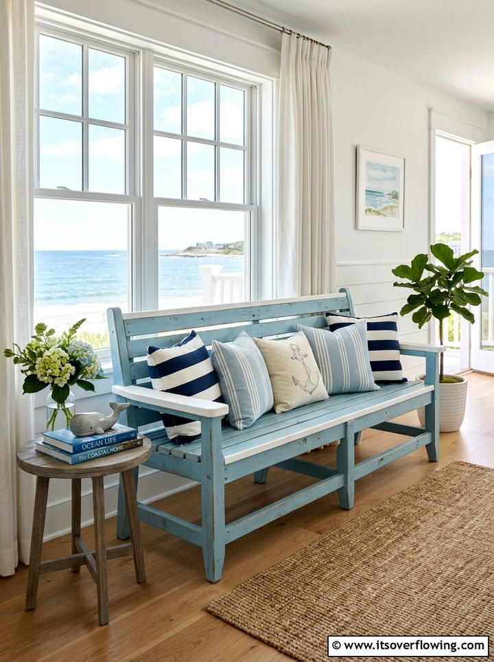 Coastal Blue Wooden Bench - 25 front porch ideas with bench seating