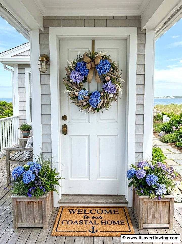 Coastal Door Wreath - 25 front porch decor ideas with coastal blue palette