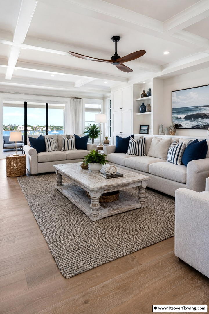 Coastal Elegance with Navy Accents - 30 Navy Blue and Grey Living Room Ideas for Sophisticated Style