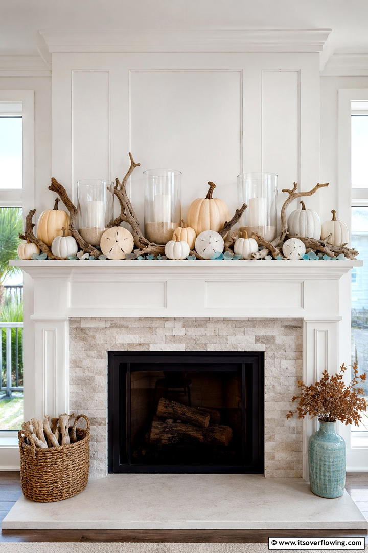 Coastal Fall Mantel with Driftwood - 50 Fall Mantel Decor Ideas for Cozy Spaces This Season
