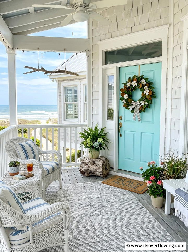 Coastal Front Porch - 25 front porch decor ideas with magnolia wreath