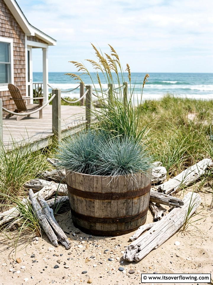 Coastal Grass Barrel Planter - 25 backyard ideas with barrel planter