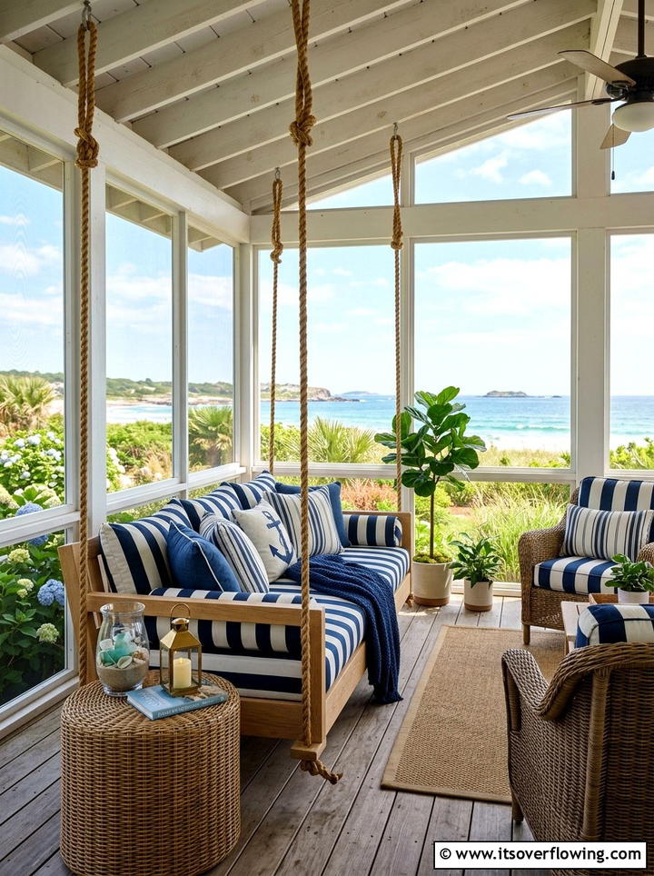 Coastal Screened Porch - 25 front porch ideas with porch bed swing