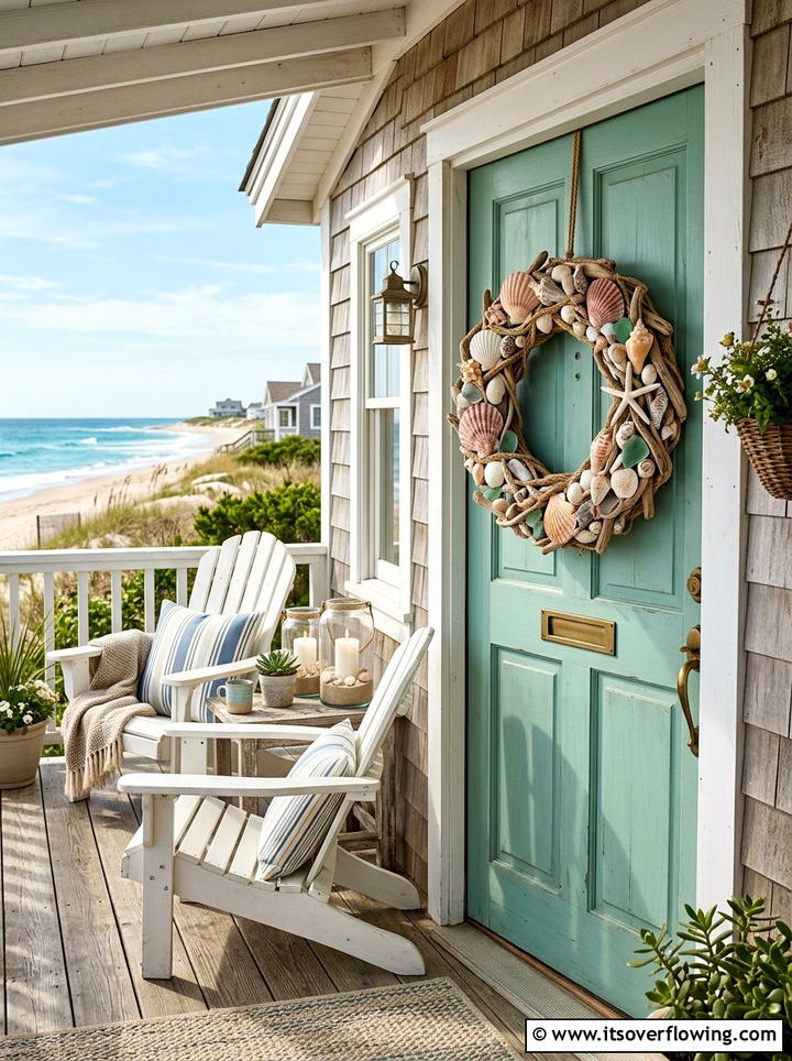 Coastal Shell Wreath - 25 front porch ideas with seasonal wreaths