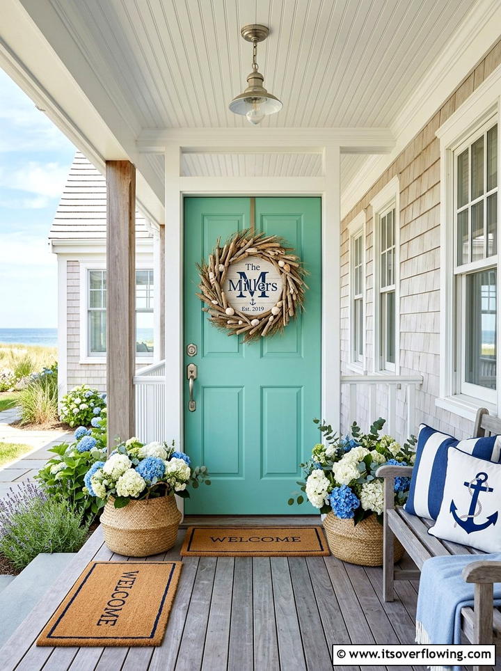 Coastal Style Front Entrance - 25 front porch decor ideas with monogram wreath