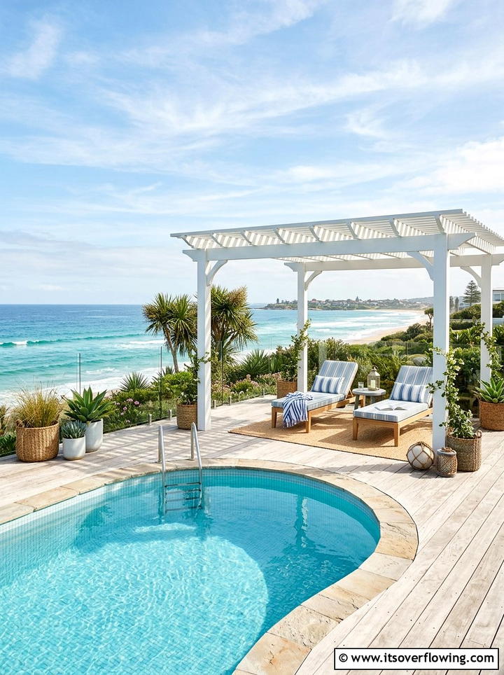 Coastal Style Pool With White Louvered Pergola - 25 backyard ideas with pool and pergola