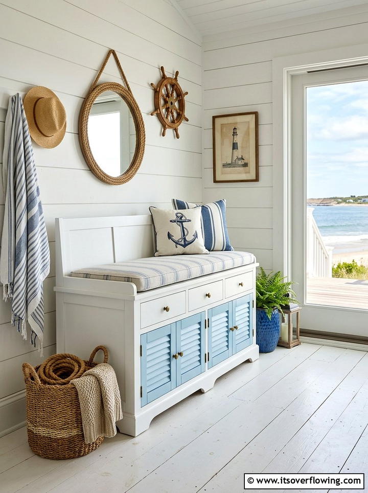 Coastal Style Storage Bench - 25 front porch ideas with storage bench