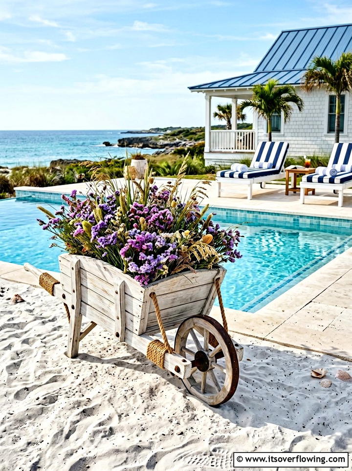 Coastal Style Wheelbarrow - 25 backyard ideas with wheelbarrow planter