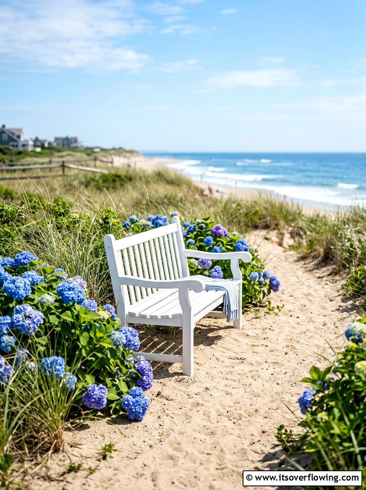 Coastal Style White Wood Bench - 25 garden ideas with bench seating