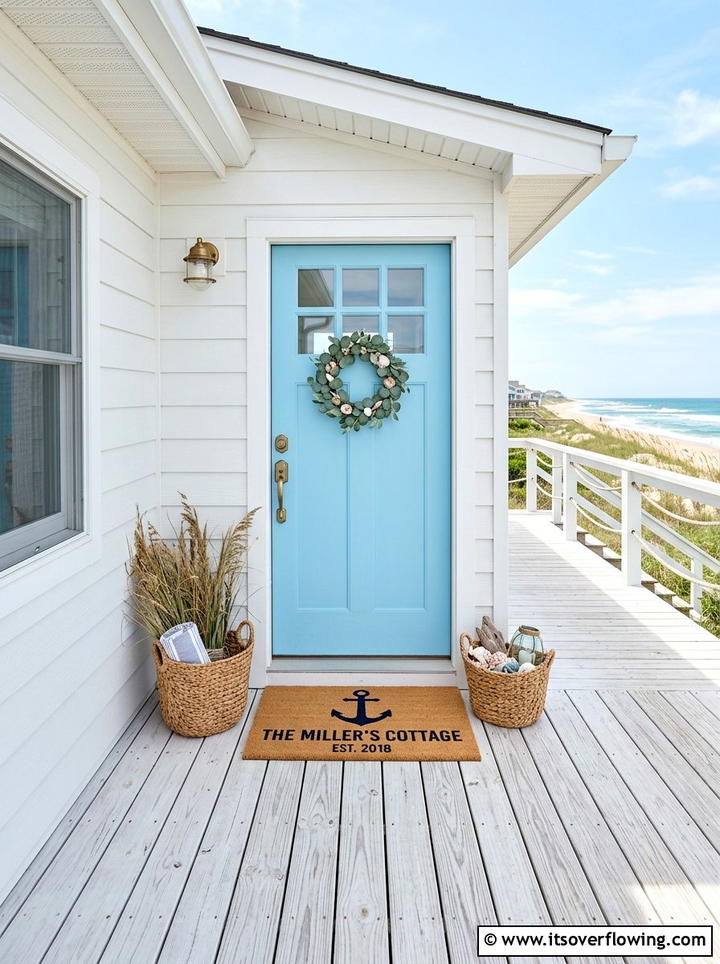 Coastal beach house entry - 25 front porch ideas with personalized mat