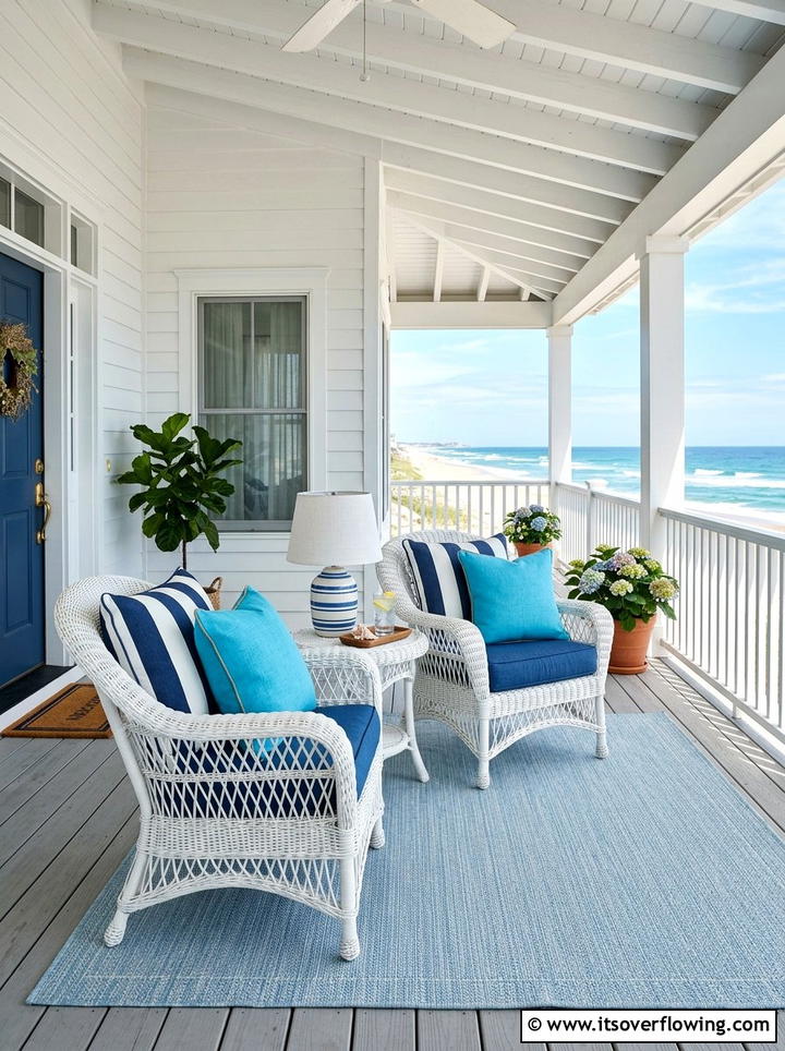 Coastal blue and white porch seating - 25 front porch decor ideas with pillows