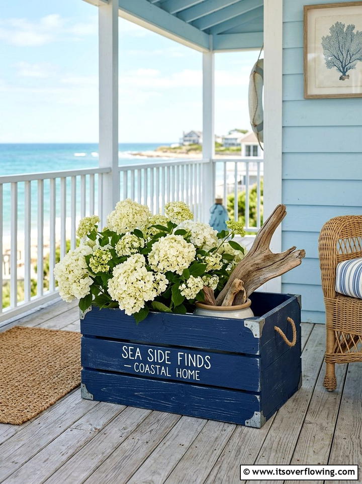 Coastal blue crate - 25 front porch decor ideas with vintage crates