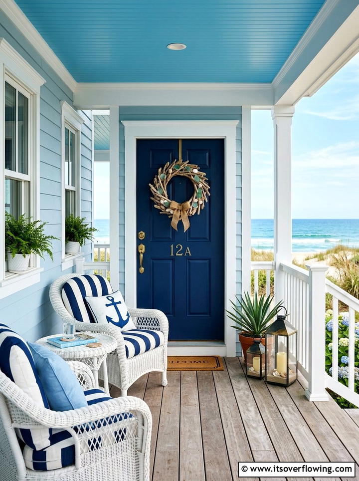 Coastal blue porch - 25 front porch decor ideas with floral wreath
