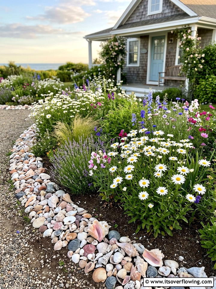 Coastal garden bed with mixed seashells - 25 garden ideas with shell borders