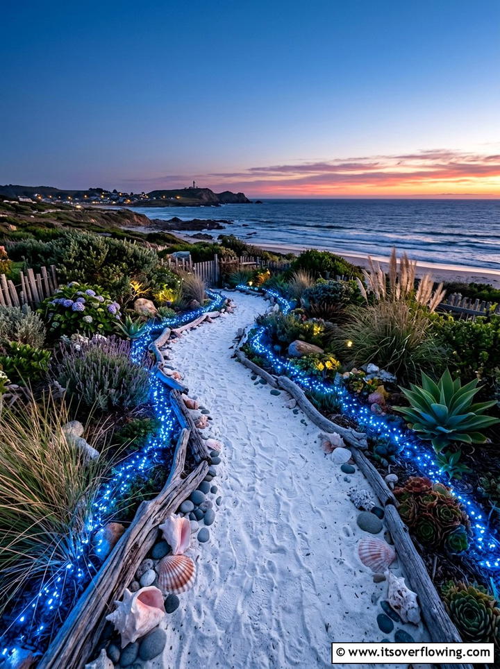 Coastal garden with blue fairy light paths - 25 creative garden ideas with fairy light pathways