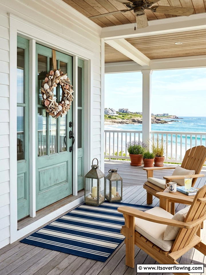 Coastal seashell wreath porch - 25 front porch decor ideas with wreaths