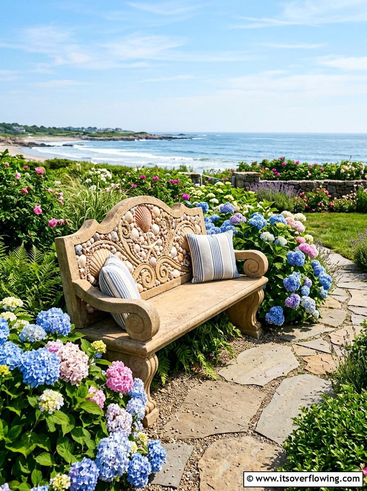 Coastal shell garden bench - 25 garden decor ideas with shell accents