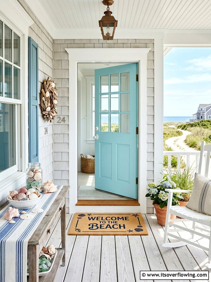 Coastal style front entry - 25 front porch ideas with holiday doormat