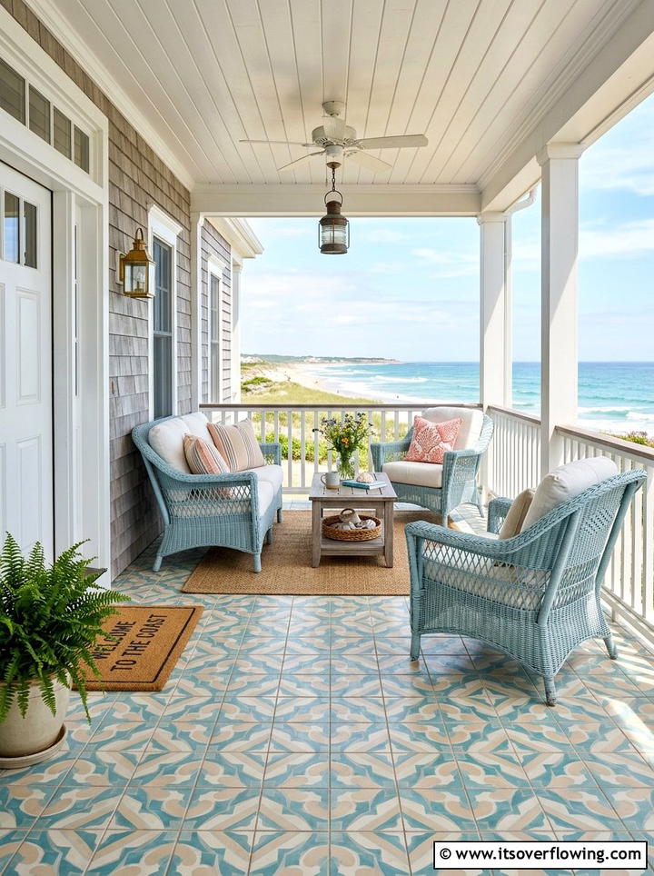 Coastal style tile porch - 25 front porch ideas with tile floor