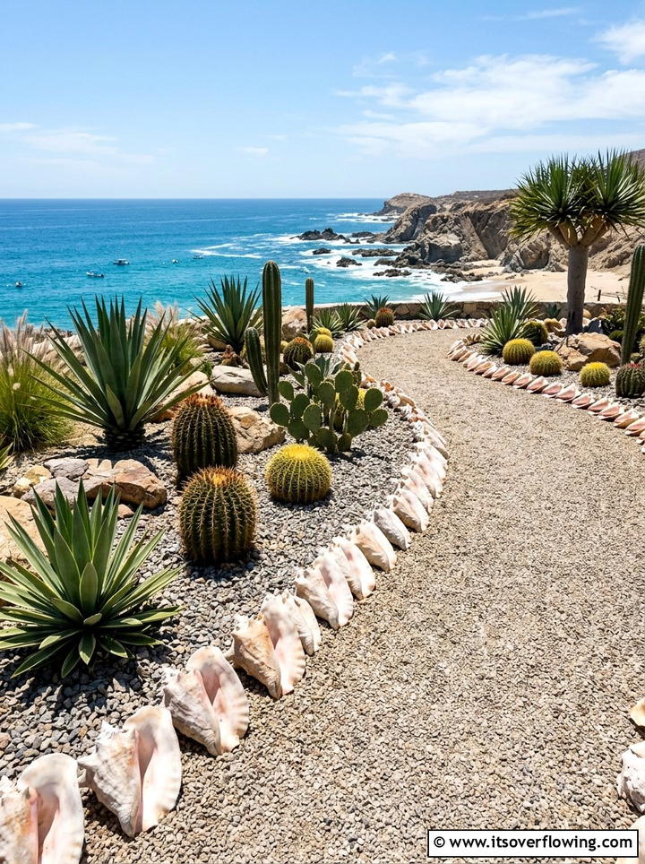 Coastal xeriscape with large conch shells - 25 garden ideas with shell borders