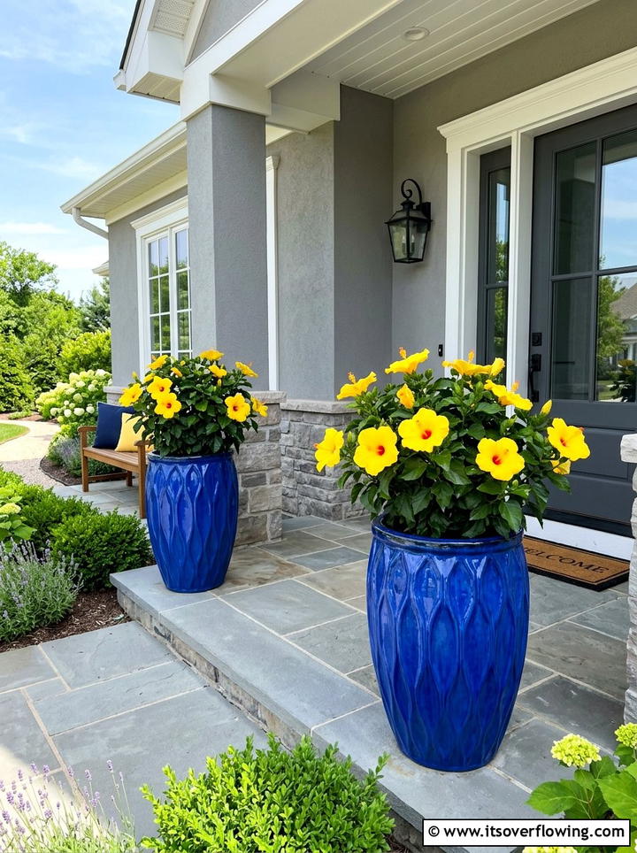 Cobalt Blue Statement Pots - 25 front porch ideas with ceramic pots
