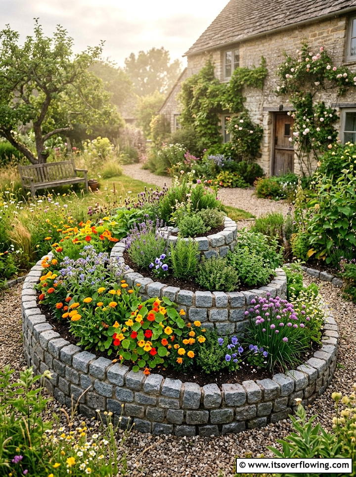 Cobblestone Herb Spiral - 25 creative garden ideas with spiral herb beds