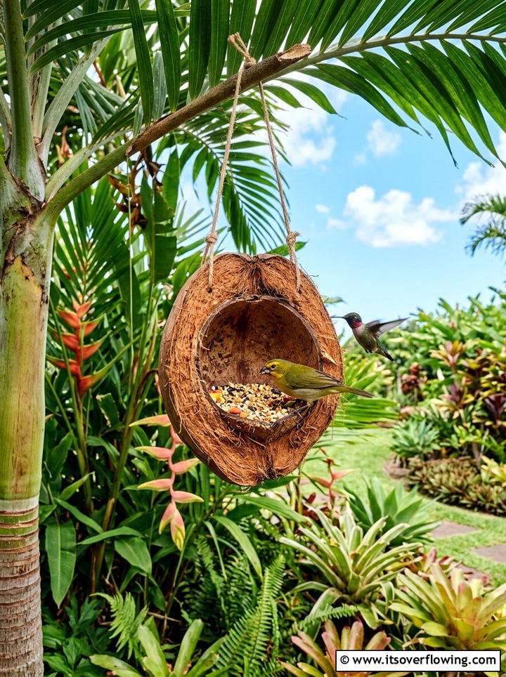 Coconut Shell Bird Feeder - 25 reusing old things ideas for bird feeders
