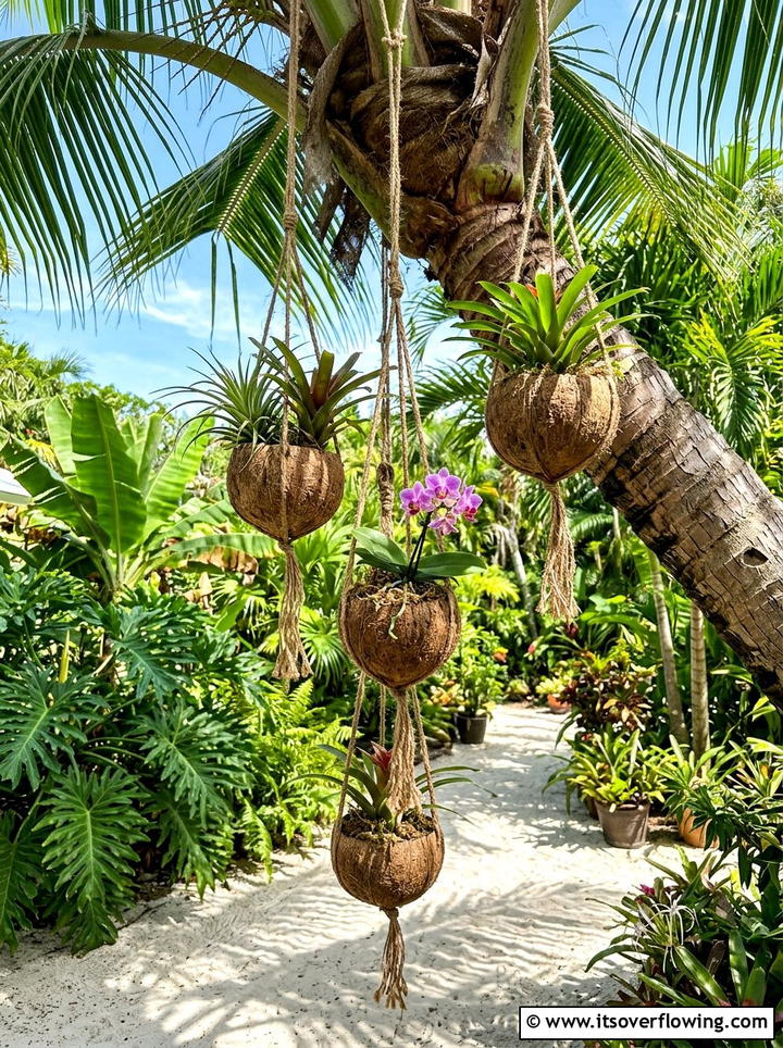 Coconut shell hanging planter - 25 upcycled garden ideas with hanging planters