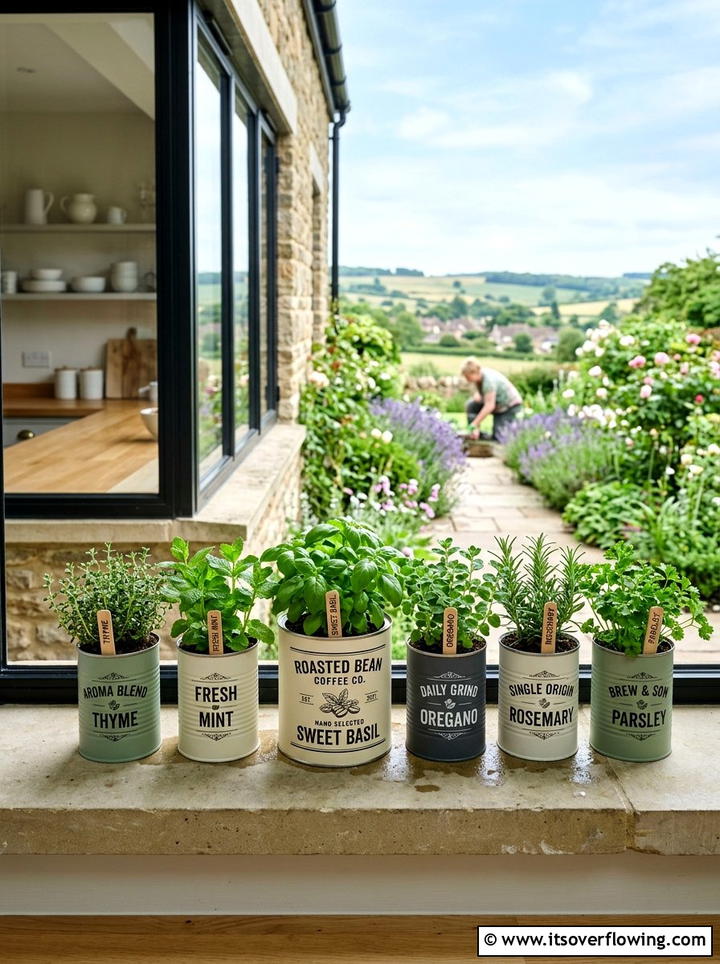 Coffee can herb pot - 25 cheap garden ideas with repurposed containers