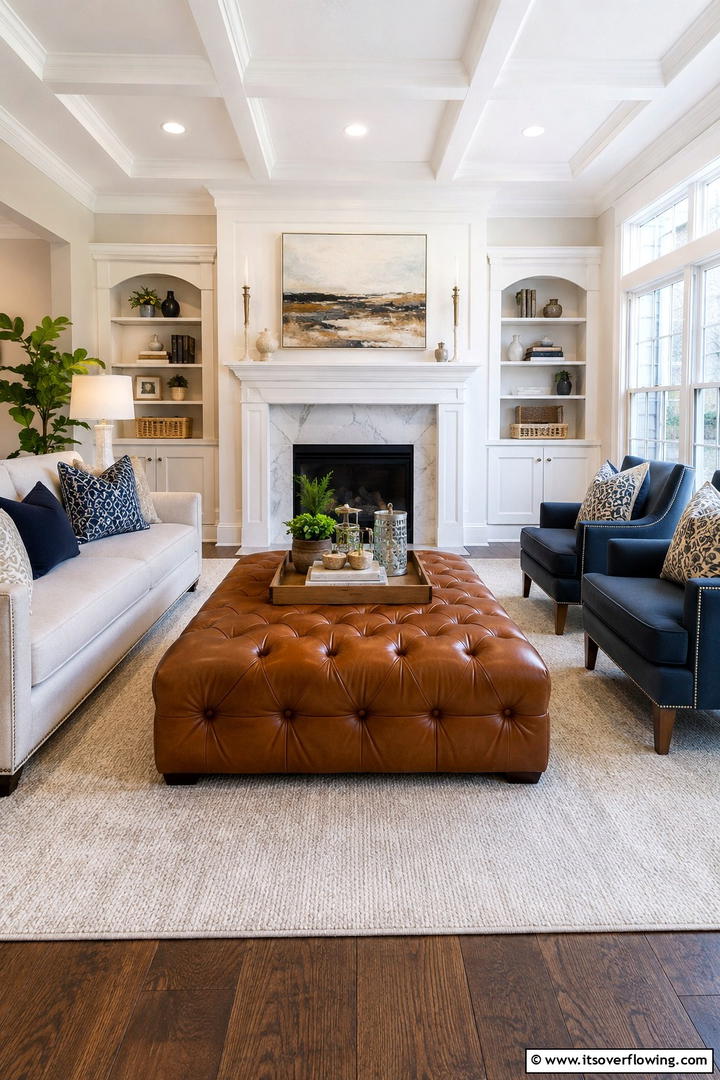 Cognac Leather Ottoman - 50 Living Room Fall Decor Ideas for Cozy Autumn Updates