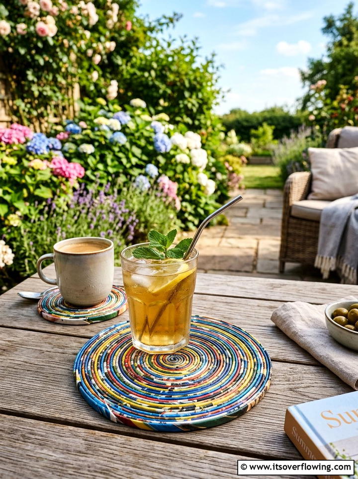 Coiled Magazine Paper Coaster - 25 recycled garden ideas with old magazines